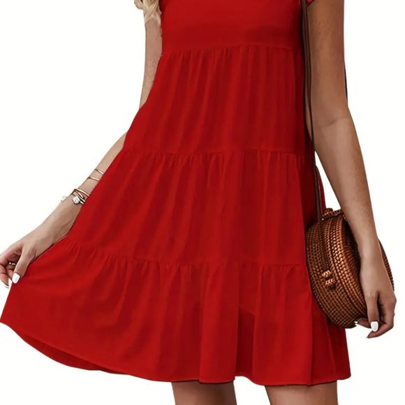 Red Solid Ruffle Trim Dress, Elegant Crew Neck Dress - Picture 2 of 5